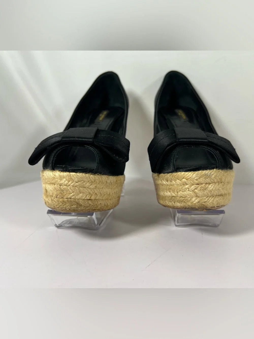 7246: Louis Vuitton Black Satin Espadrille Platform Pumps Heels Size 39